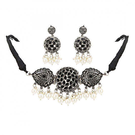 Fashion Stylish Afghani Pendant Turkish Stone Choker Silver Oxidised Jewellery With Earrings Set For Women
