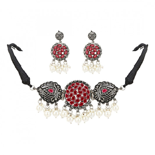 Fashion Stylish Afghani Pendant Turkish Stone Choker Silver Oxidised Jewellery With Earrings Set For Women