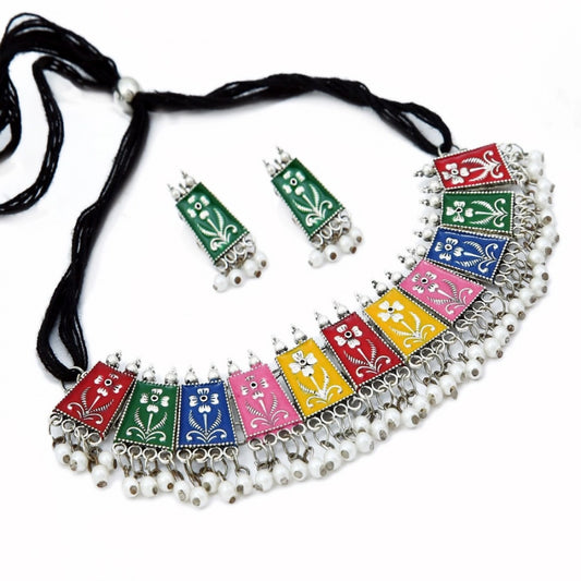 Fashion Oxidised Silver Plated Meena Work Choker Necklace Set For Women