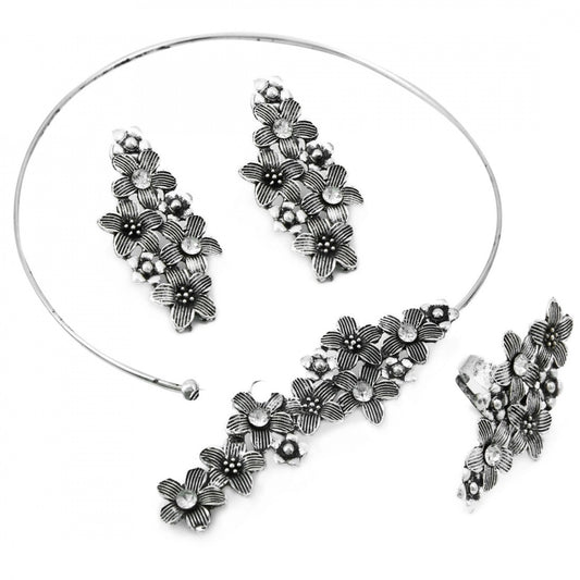 Fashion Jewellery Antique Oxidised Silver Plated Tribal Jewellery Necklace Earring Set For Women