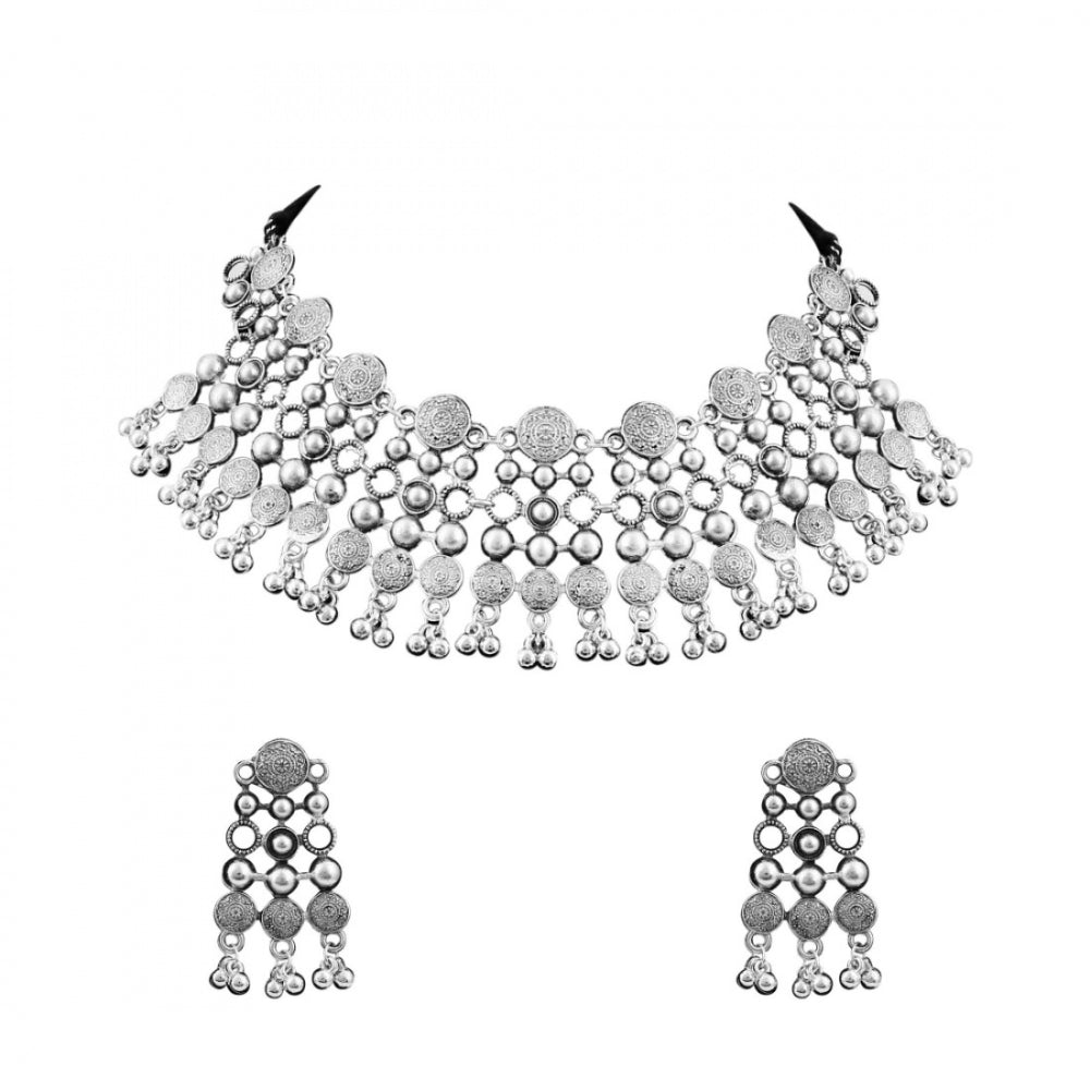 Fashion Jewellery Antique Oxidised Silver Plated Tribal Jewellery Necklace Earring Set For Women