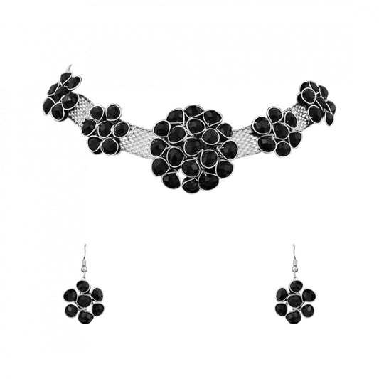 Fashion Stylish Pearl Beads Oxidised Silver Necklace Set For Women