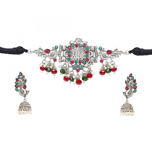 Fashion Jewellery Antique Silver Stone Work Handcrafted Oxidised Necklace Set For Women