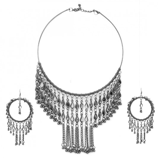 Fashion Jewellery Black Oxidised Turkish Mirror Work Choker Necklace With Earrings Set For Women