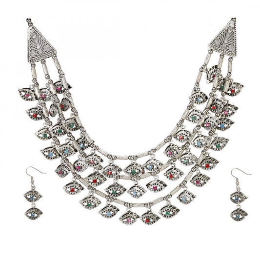 Fashion Jewellery Antique Silver Stone Work Handcrafted Oxidised Necklace Set For Women