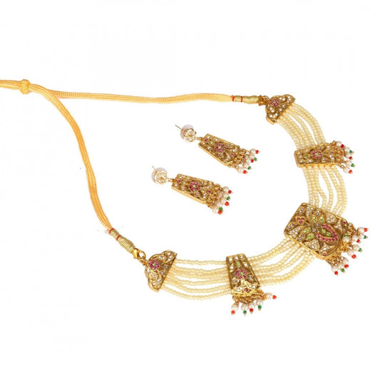 Fashion Gold-Plated And Jadau Choker Necklace With Earrings Set For Women