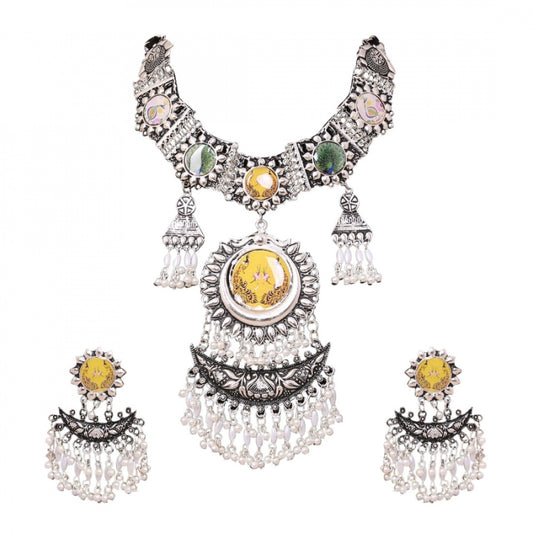 Fashion Stylish Elegant Design Pastel Colour Metal Silver Oxidized Jewellery Set For Women