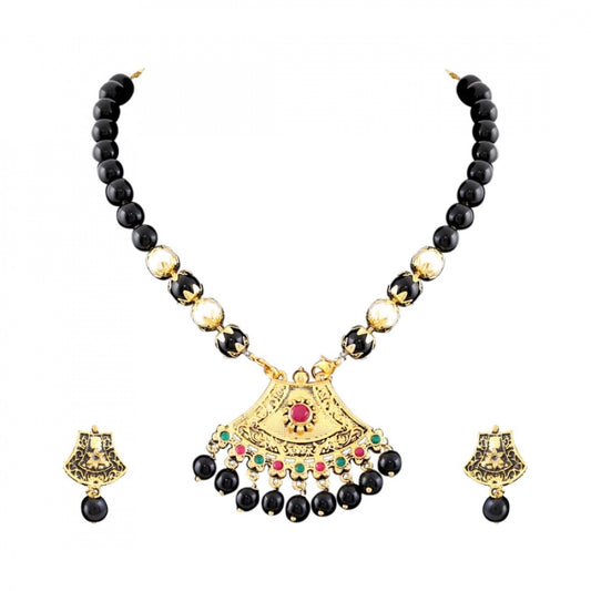 Fashion Gold Plated Pendant Black Beads Traditional Jewellery Set For Women