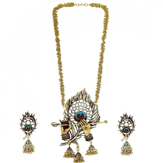 Fashion Stylish Alloy Metal Krishna Murli Style Oxidised Gold Plated Jewellery Set For Women
