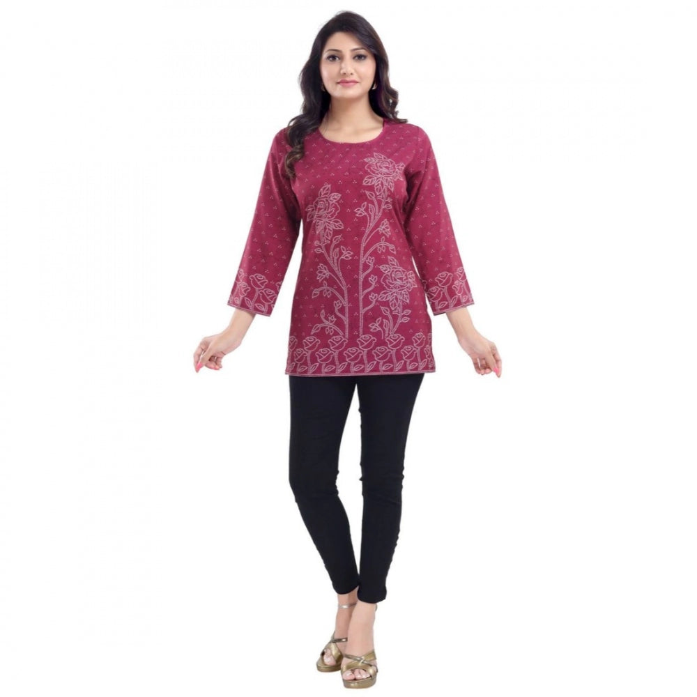 Amfyn Women's Quarter Sleeve Faux Crepe Printed Short Kurti Tunic Top (Color:Magenta)