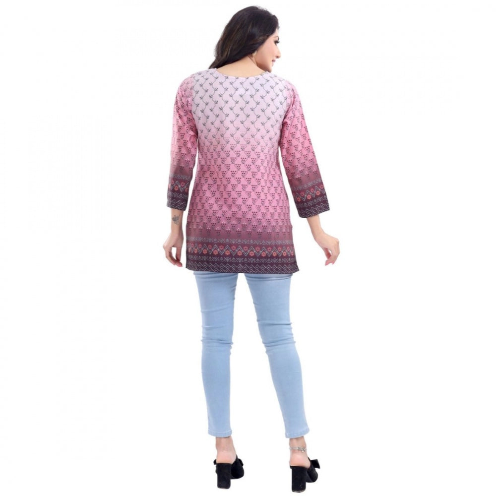 Amfyn Women's Quarter Sleeve Faux Crepe Printed Short Kurti Tunic Top (Color:Pink)