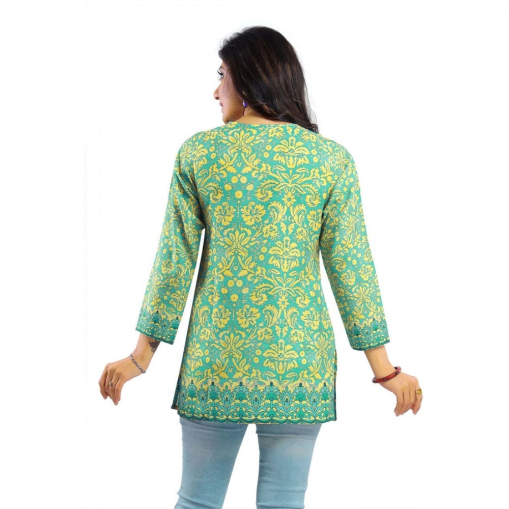 Amfyn Women's Quarter Sleeve Faux Crepe Printed Short Kurti Tunic Top (Color:Green)