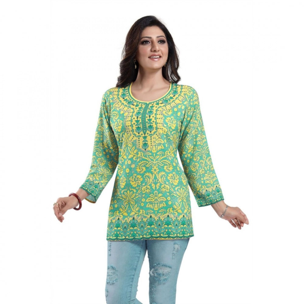 Amfyn Women's Quarter Sleeve Faux Crepe Printed Short Kurti Tunic Top (Color:Green)