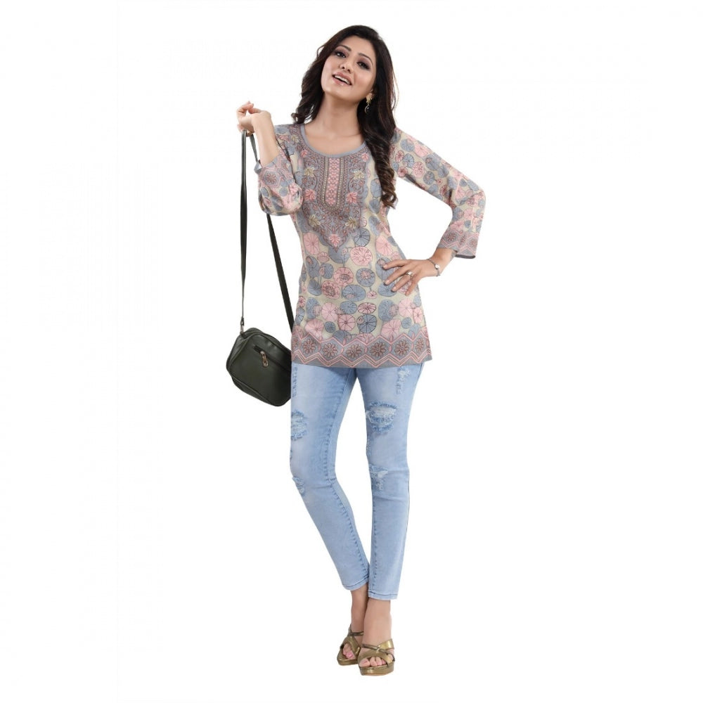 Amfyn Women's Quarter Sleeve Faux Crepe Printed Short Kurti Tunic Top (Color:Pastel)