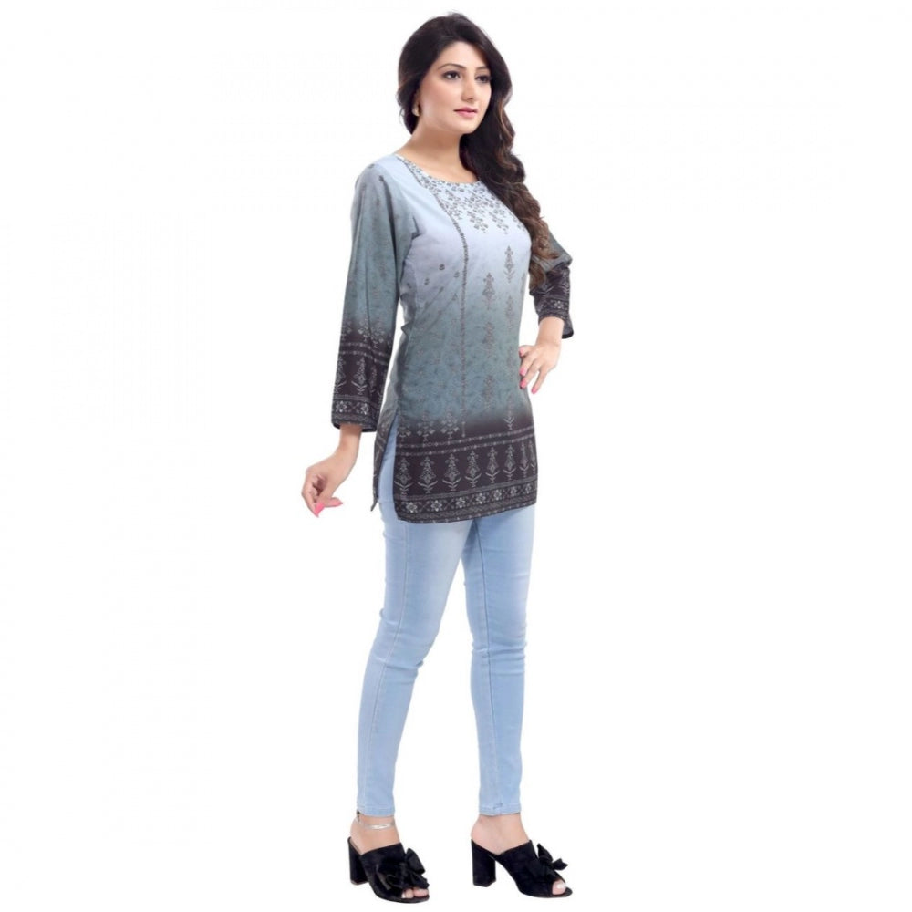 Amfyn Women's Quarter Sleeve Faux Crepe Printed Short Kurti Tunic Top (Color:Grey)