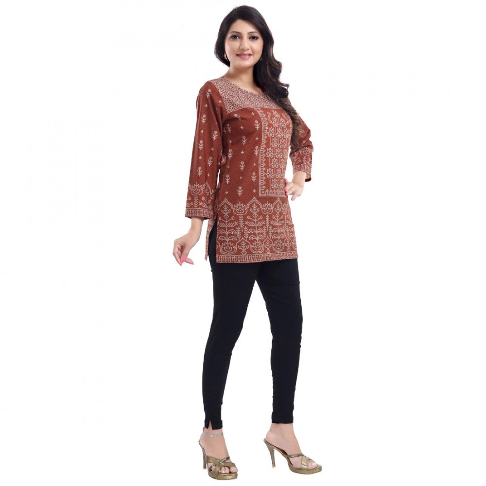 Amfyn Women's Quarter Sleeve Faux Crepe Printed Short Kurti Tunic Top (Color:Rust)