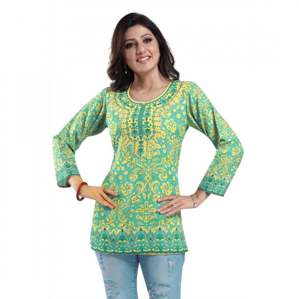Amfyn Women's Quarter Sleeve Faux Crepe Printed Short Kurti Tunic Top (Color:Green)