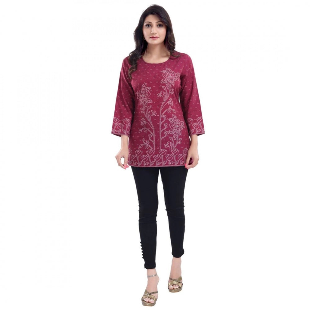 Amfyn Women's Quarter Sleeve Faux Crepe Printed Short Kurti Tunic Top (Color:Magenta)