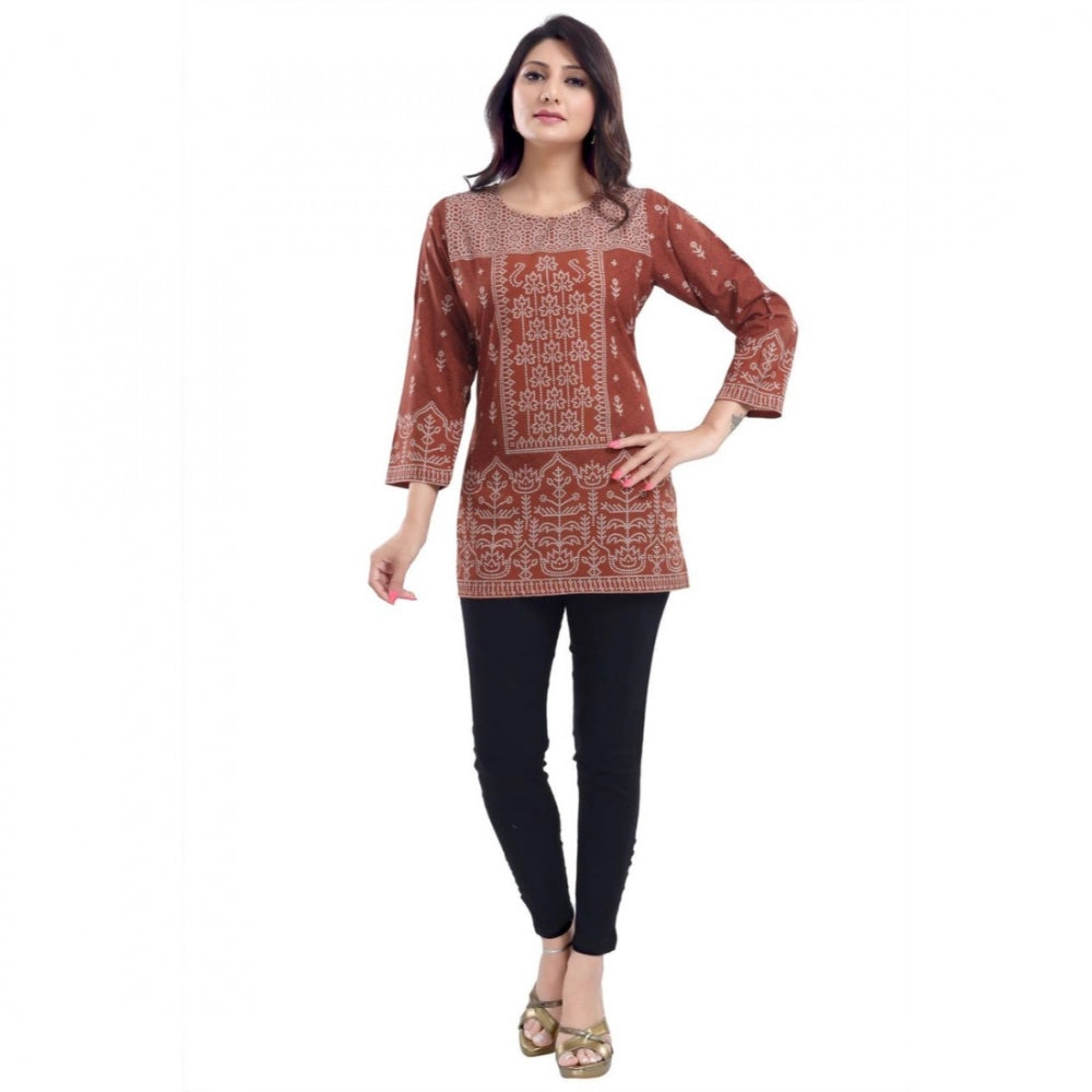 Amfyn Women's Quarter Sleeve Faux Crepe Printed Short Kurti Tunic Top (Color:Rust)