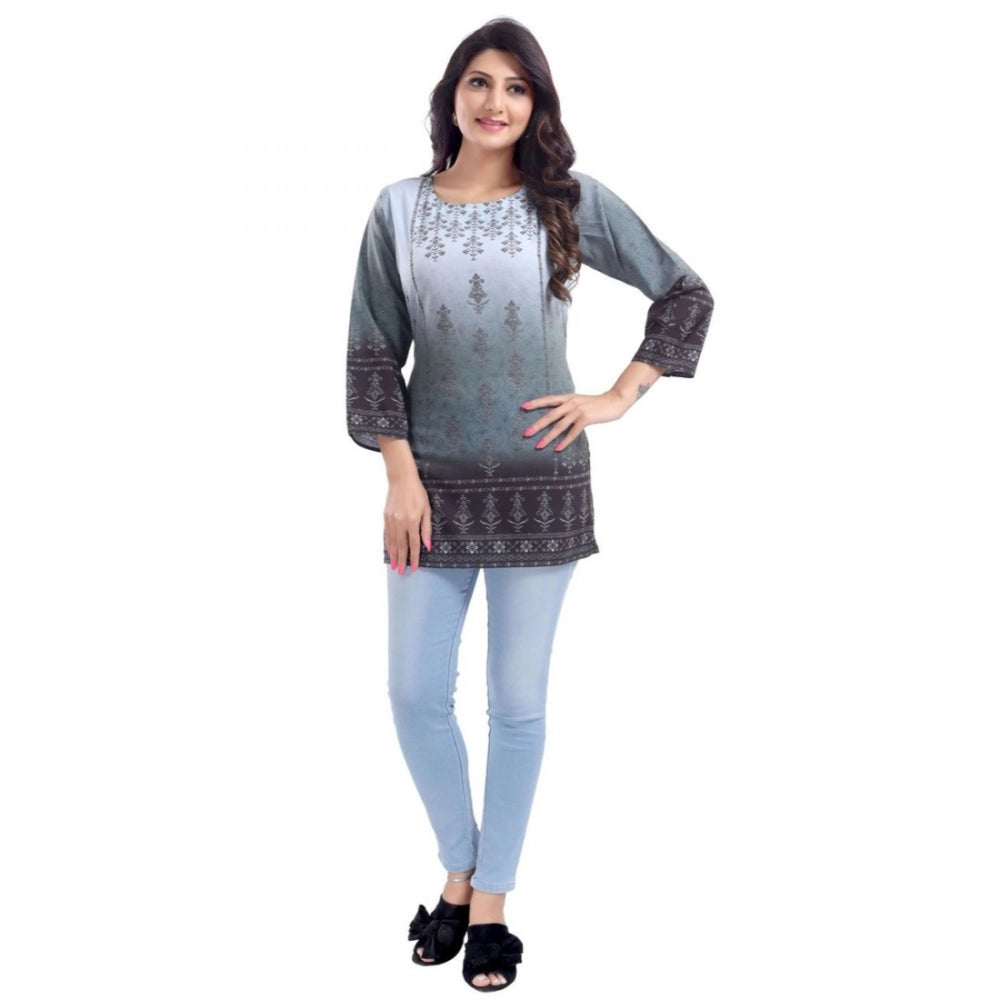 Amfyn Women's Quarter Sleeve Faux Crepe Printed Short Kurti Tunic Top (Color:Grey)