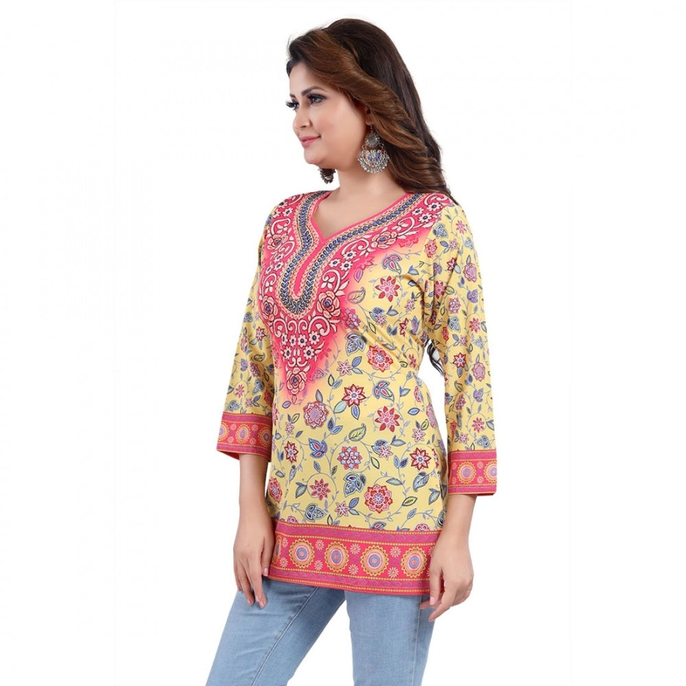 Amfyn Women's Quarter Sleeve Faux Crepe Printed Short Kurti Tunic Top (Color:Yellow)
