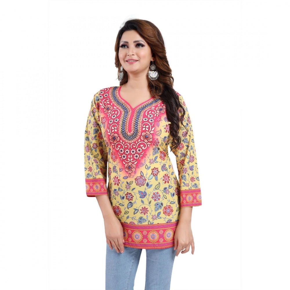 Amfyn Women's Quarter Sleeve Faux Crepe Printed Short Kurti Tunic Top (Color:Yellow)