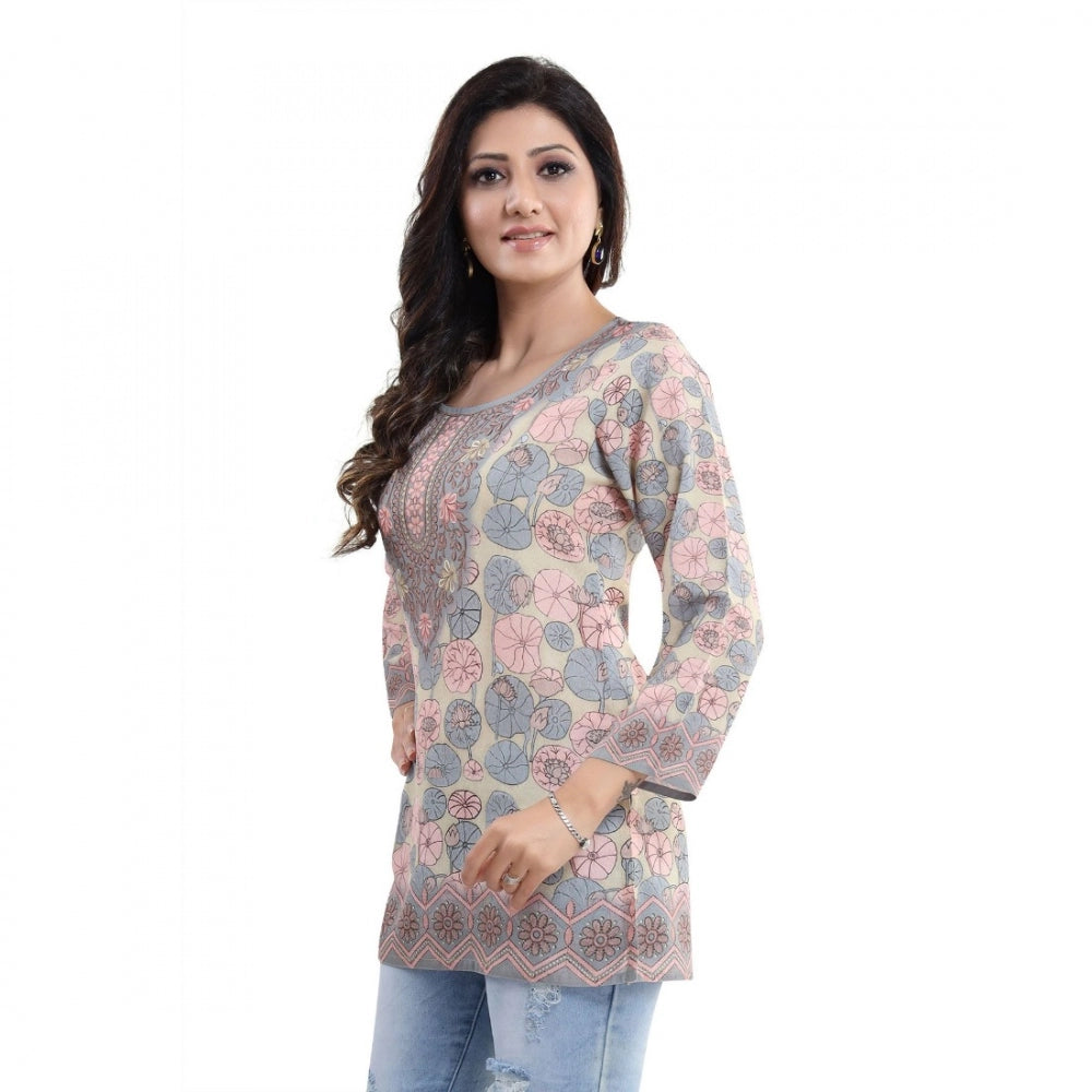 Amfyn Women's Quarter Sleeve Faux Crepe Printed Short Kurti Tunic Top (Color:Pastel)