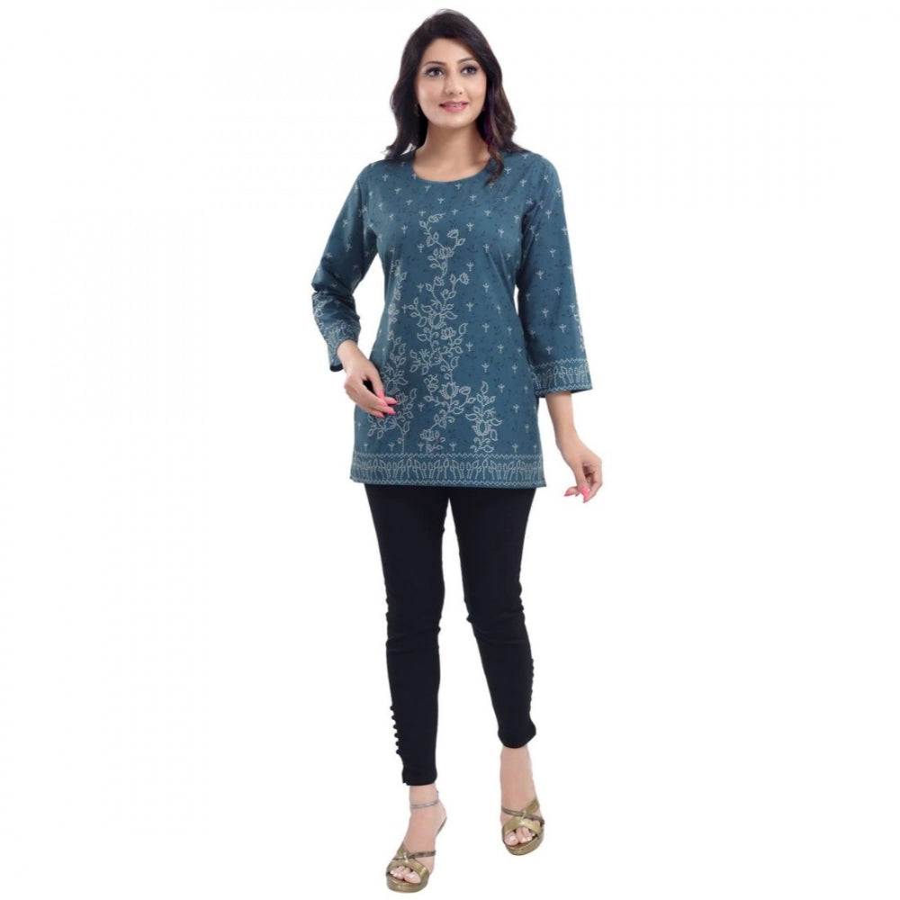 Amfyn Women's Quarter Sleeve Faux Crepe Printed Short Kurti Tunic Top (Color:Grey)
