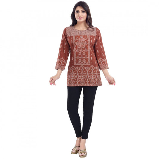 Amfyn Women's Quarter Sleeve Faux Crepe Printed Short Kurti Tunic Top (Color:Rust)