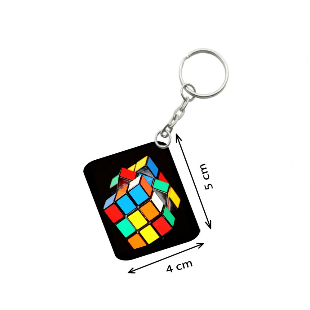 Amfyn Pack Of 3_ Rubiks Cube One Side Printed Rectangle Designer Keychain (Multi Color)