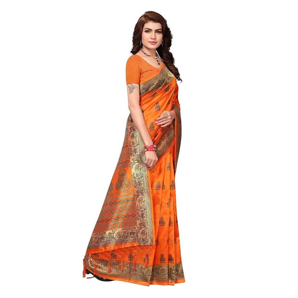 Amfyn Women's Art Silk Saree With Blouse (Orange, 5-6mtrs)