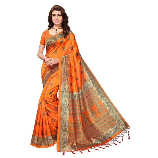 Amfyn Women's Art Silk Saree With Blouse (Orange, 5-6mtrs)
