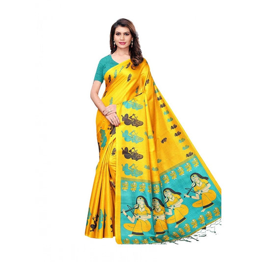 Amfyn Women's Khadi Silk Saree With Blouse (Yellow, 5-6mtrs)