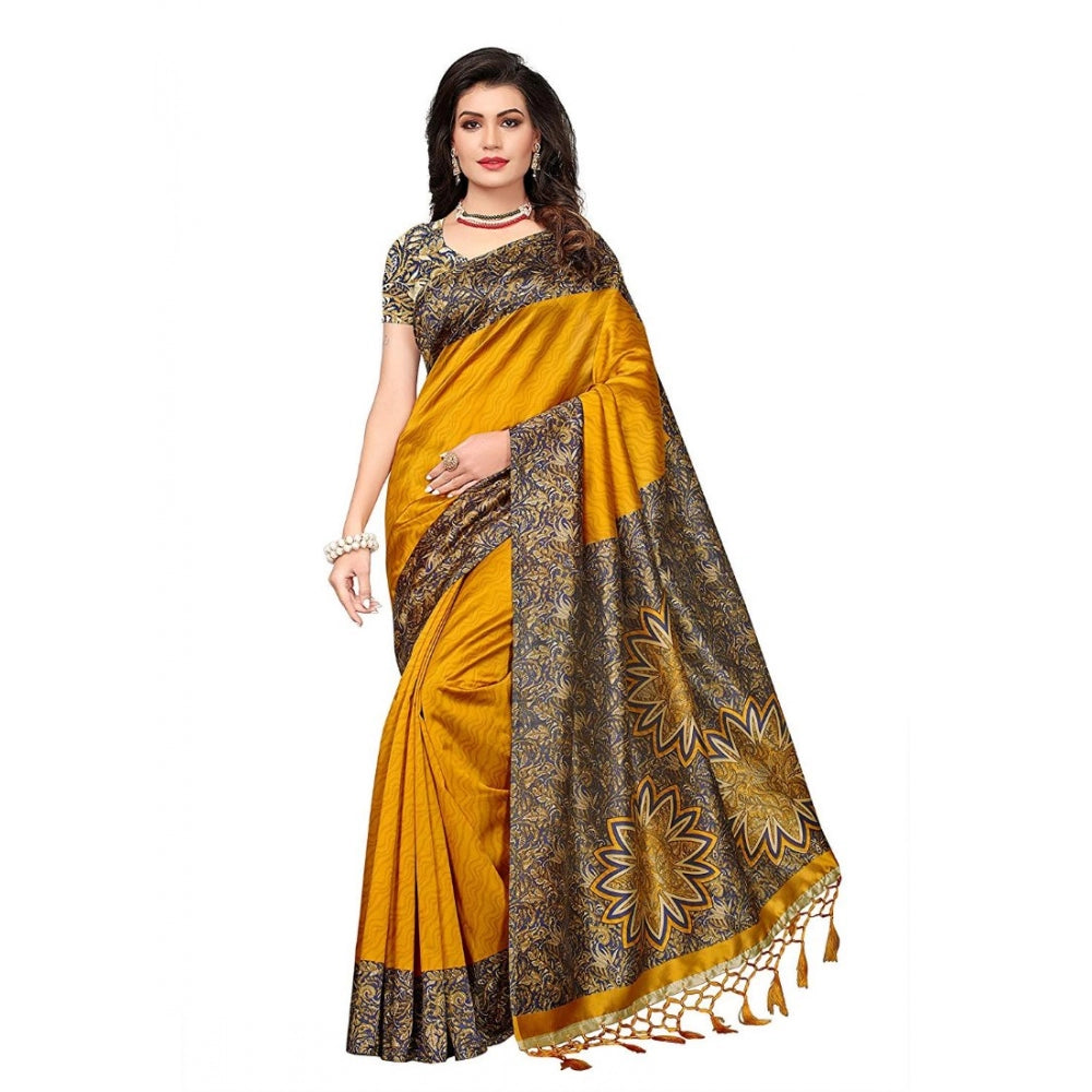 Amfyn Women's Art Silk Saree With Blouse (Yellow, 5-6mtrs)