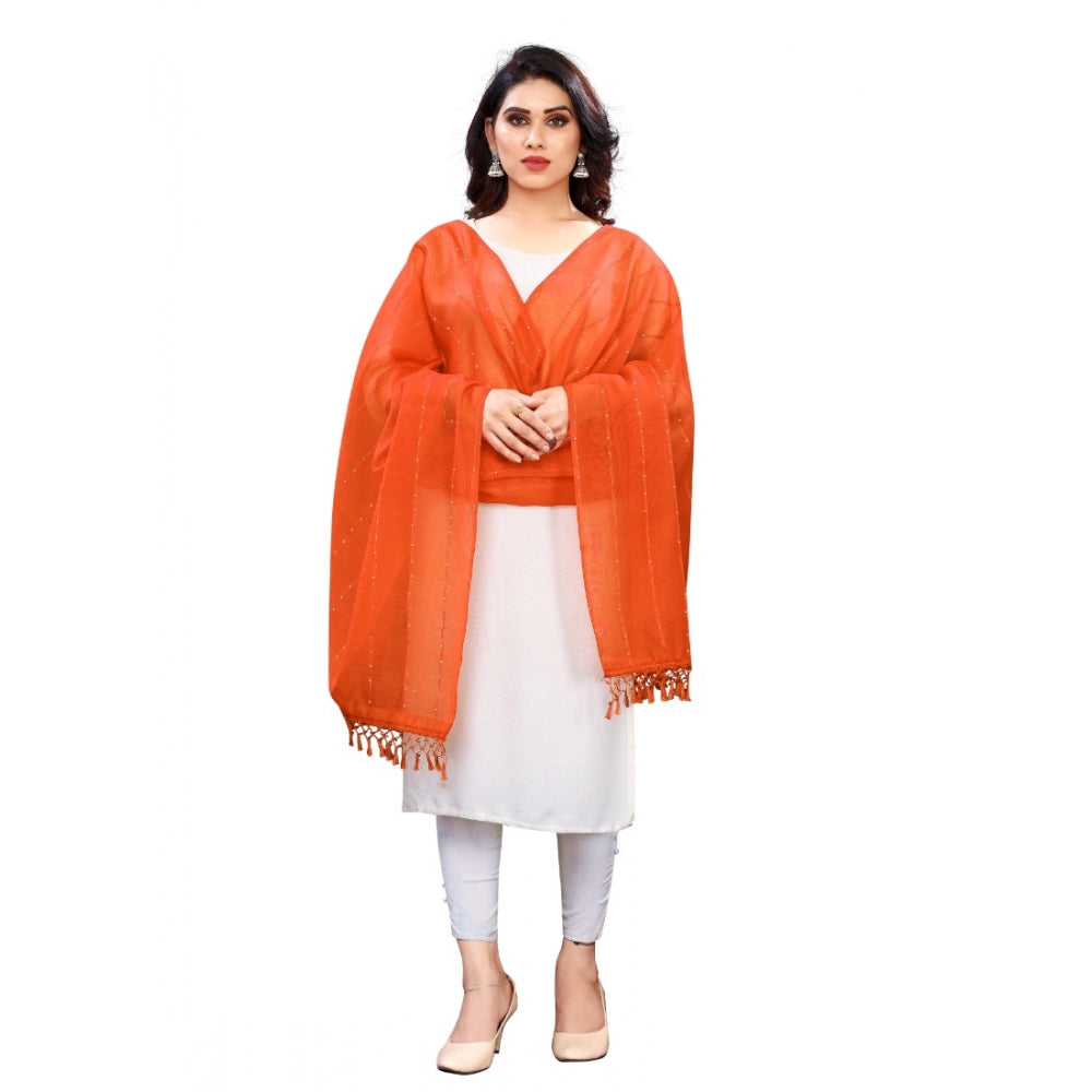 Amfyn Women's Cotton Silk Strips Printed Dupatta (Orange, Length:2-2.4 mtr)