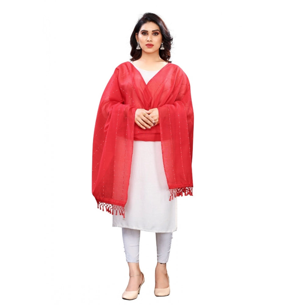 Amfyn Women's Cotton Silk Strips Printed Dupatta (Red, Length:2-2.4 mtr)