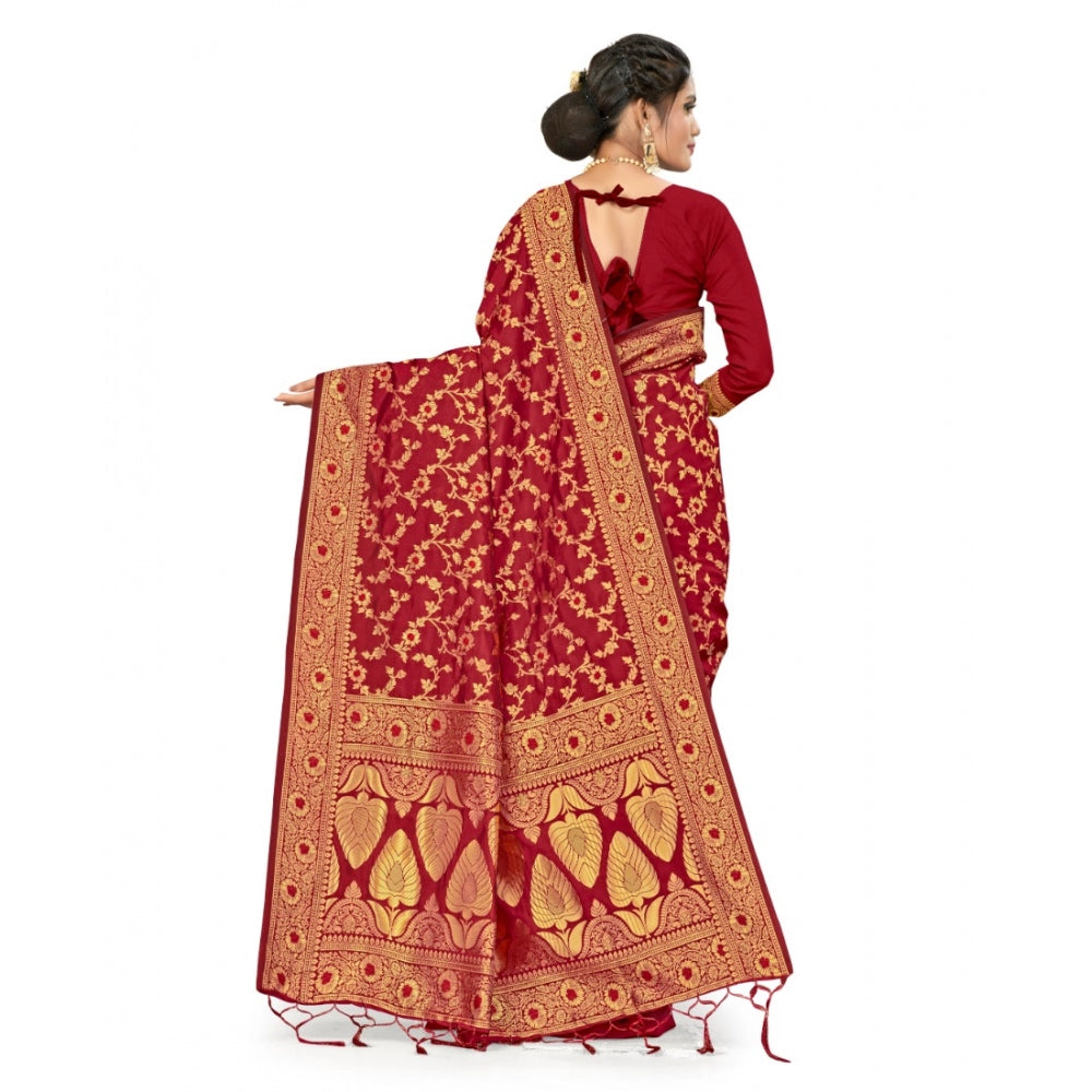 Amfyn Women's Banarasi Silk Saree With Blouse (Maroon, 5-6Mtrs)