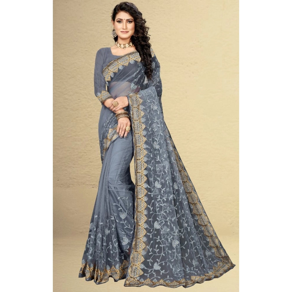 Amfyn Women's Net Saree With Blouse (Grey, 5-6Mtrs)