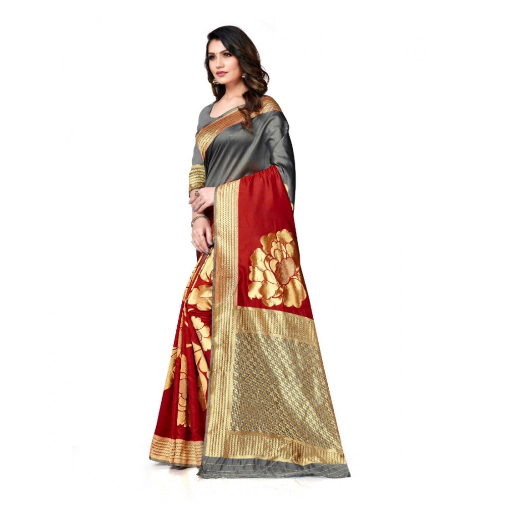 Amfyn Women's Banarasi Silk Saree With Blouse (Grey, Red, 5-6Mtrs)