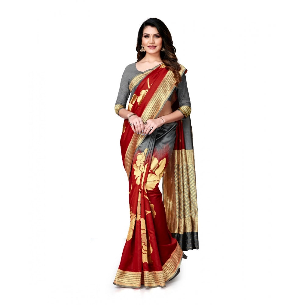 Amfyn Women's Banarasi Silk Saree With Blouse (Grey, Red, 5-6Mtrs)