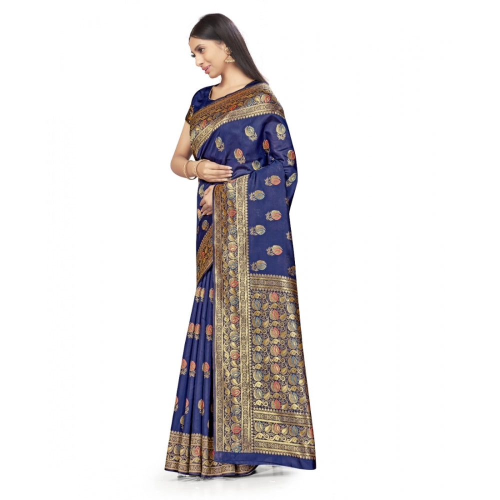 Amfyn Women's Banarasi Silk Saree With Blouse (Navy Blue, 5-6Mtrs)