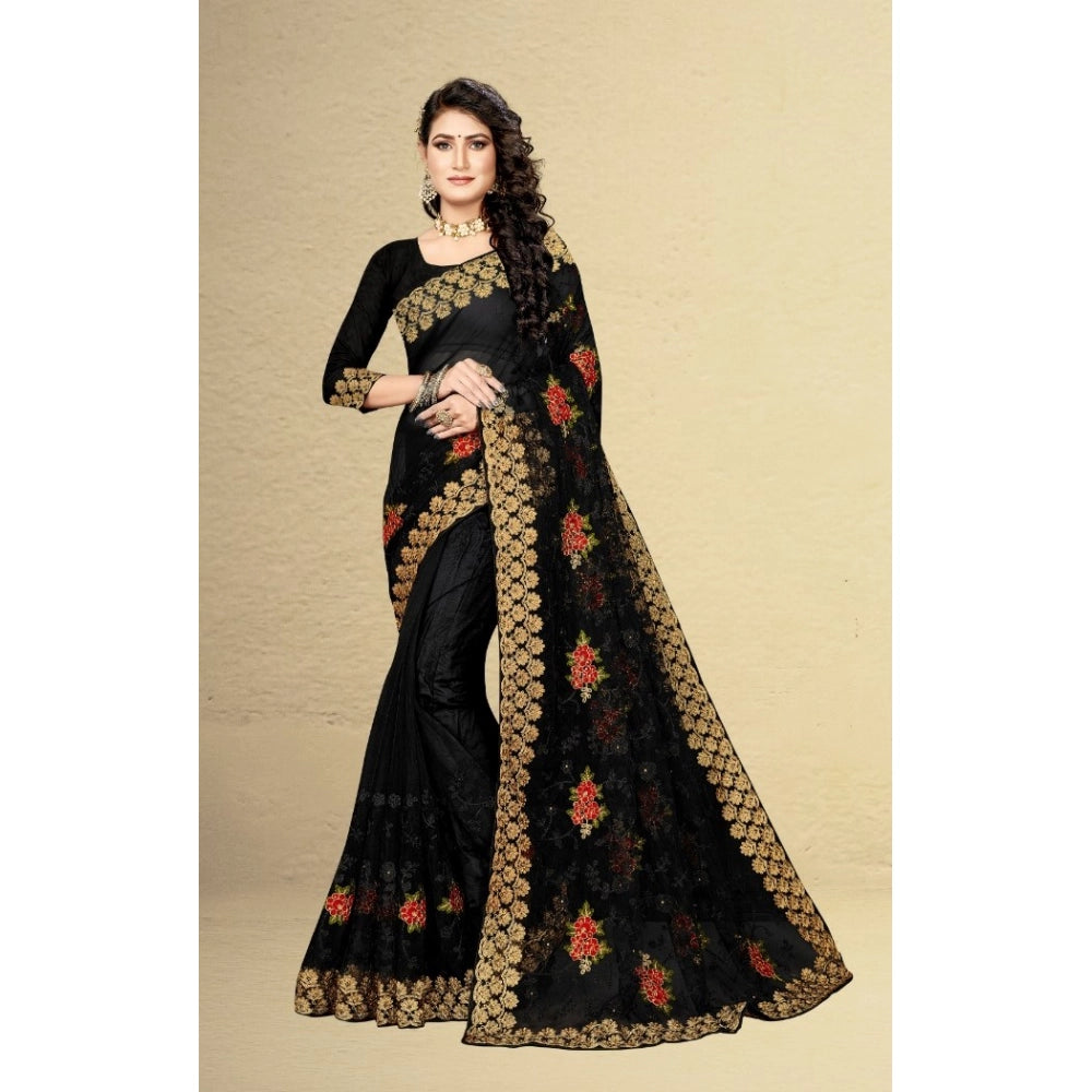 Amfyn Women's Net Saree With Blouse (Black, 5-6Mtrs)