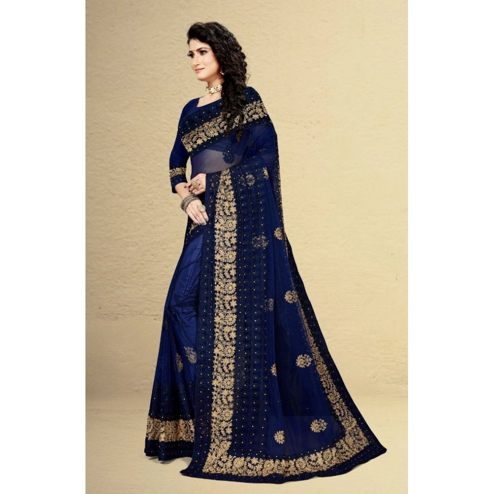 Amfyn Women's Net Saree With Blouse (Navy Blue, 5-6Mtrs)