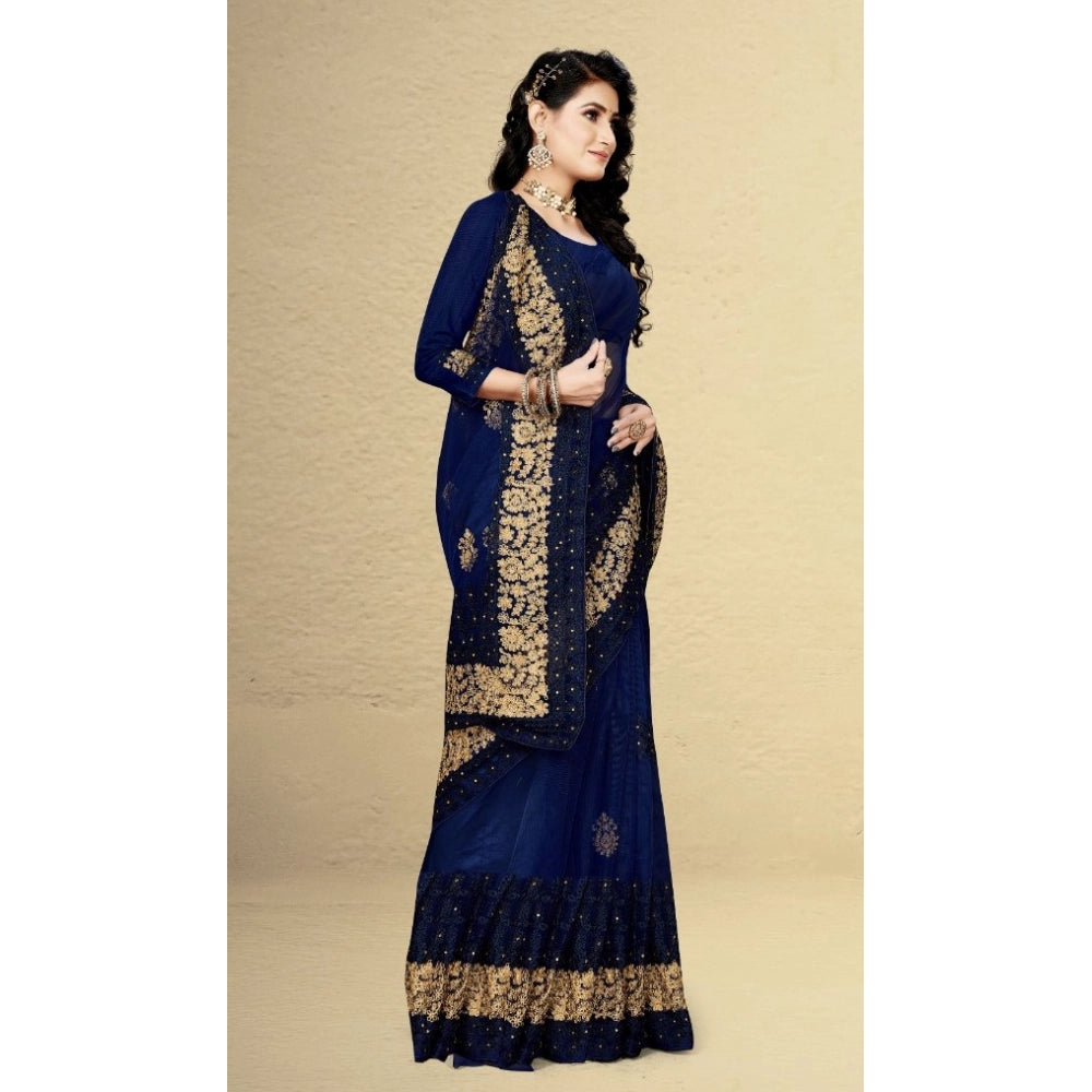 Amfyn Women's Net Saree With Blouse (Navy Blue, 5-6Mtrs)