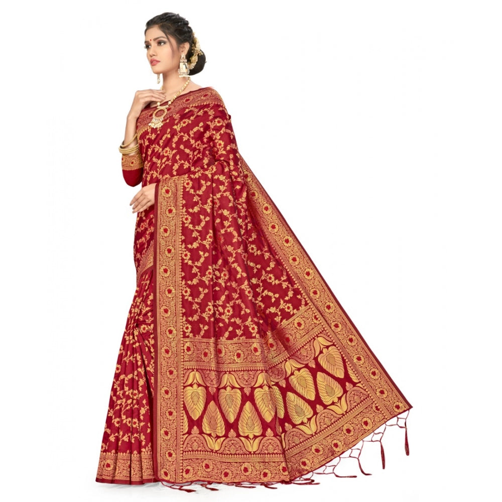 Amfyn Women's Banarasi Silk Saree With Blouse (Maroon, 5-6Mtrs)