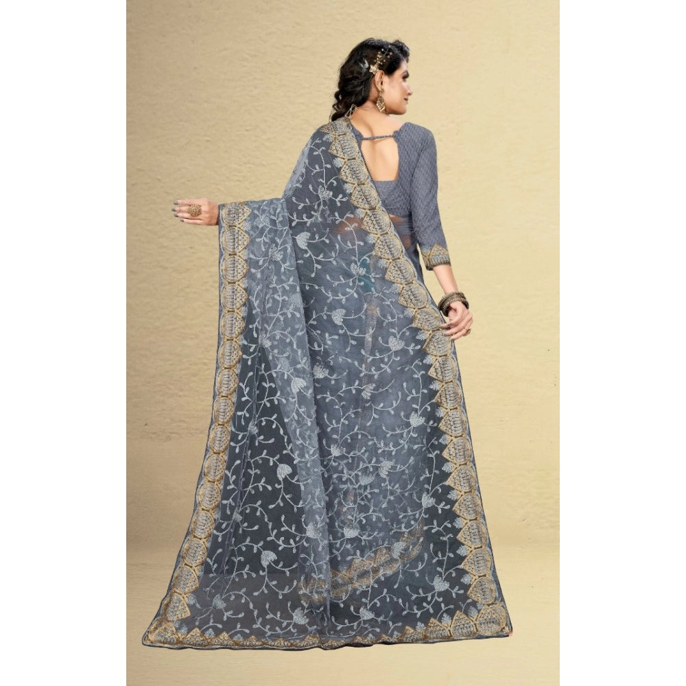 Amfyn Women's Net Saree With Blouse (Grey, 5-6Mtrs)