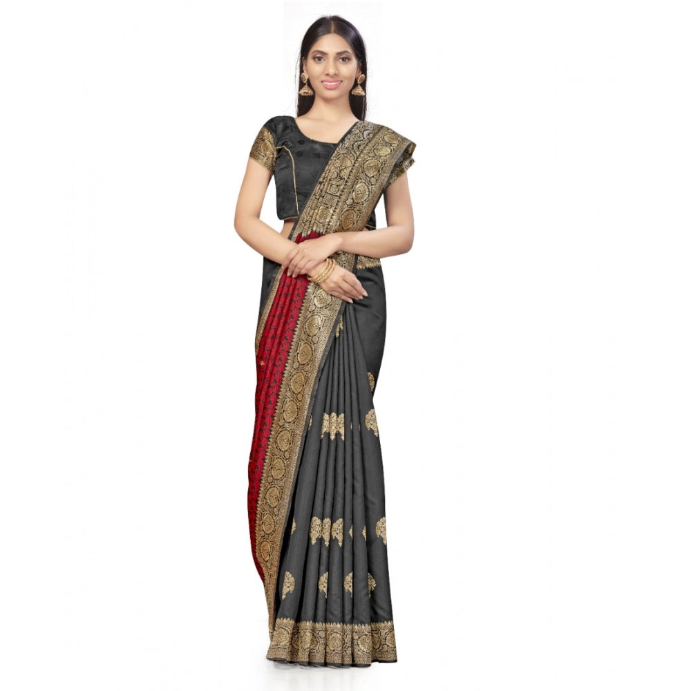 Amfyn Women's Banarasi Silk Saree With Blouse (Black, Red, 5-6Mtrs)