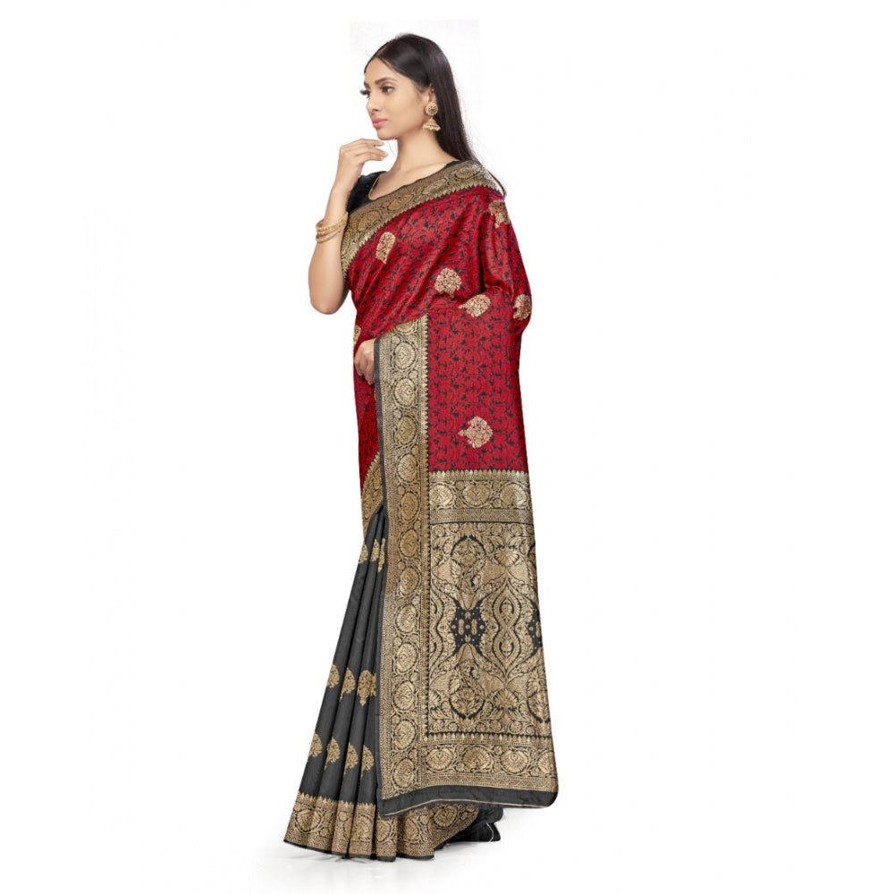 Amfyn Women's Banarasi Silk Saree With Blouse (Black, Red, 5-6Mtrs)