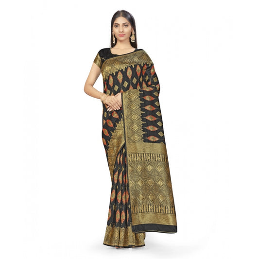 Amfyn Women's Banarasi Silk Saree With Blouse (Black, 5-6Mtrs)