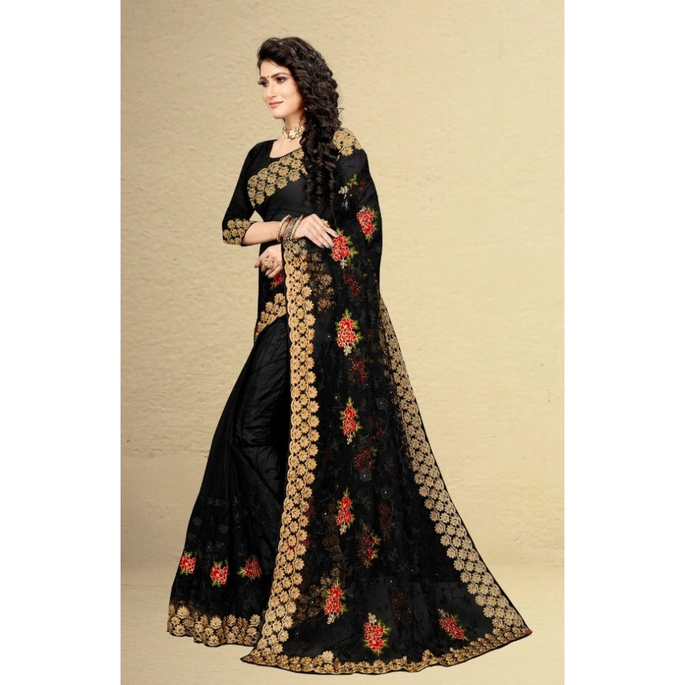 Amfyn Women's Net Saree With Blouse (Black, 5-6Mtrs)